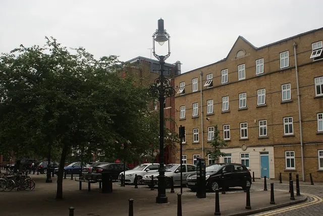 View of a heritage-style lamp post on the corner of Boot Street and Hoxton Market - geograph.org.uk - 6894603
