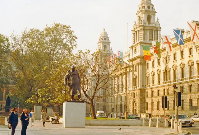 London (Westminster), 1988- Parliament Square, HM Treasury and Churchill statue (geograph 4671898)