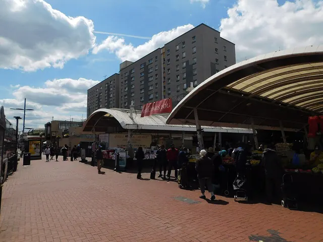 Covered street market stalls with fruit and vegetables